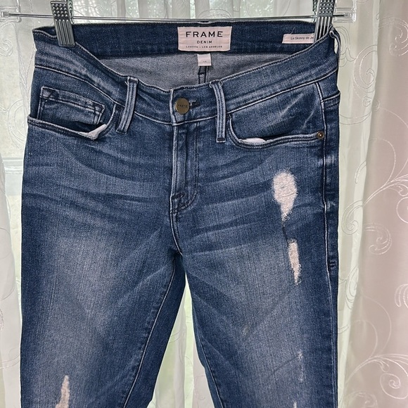 Frame Denim Jeans Women 25 Le Skinny de Jeanne Mid Rise distressed Blue Med Wash - Picture 15 of 16